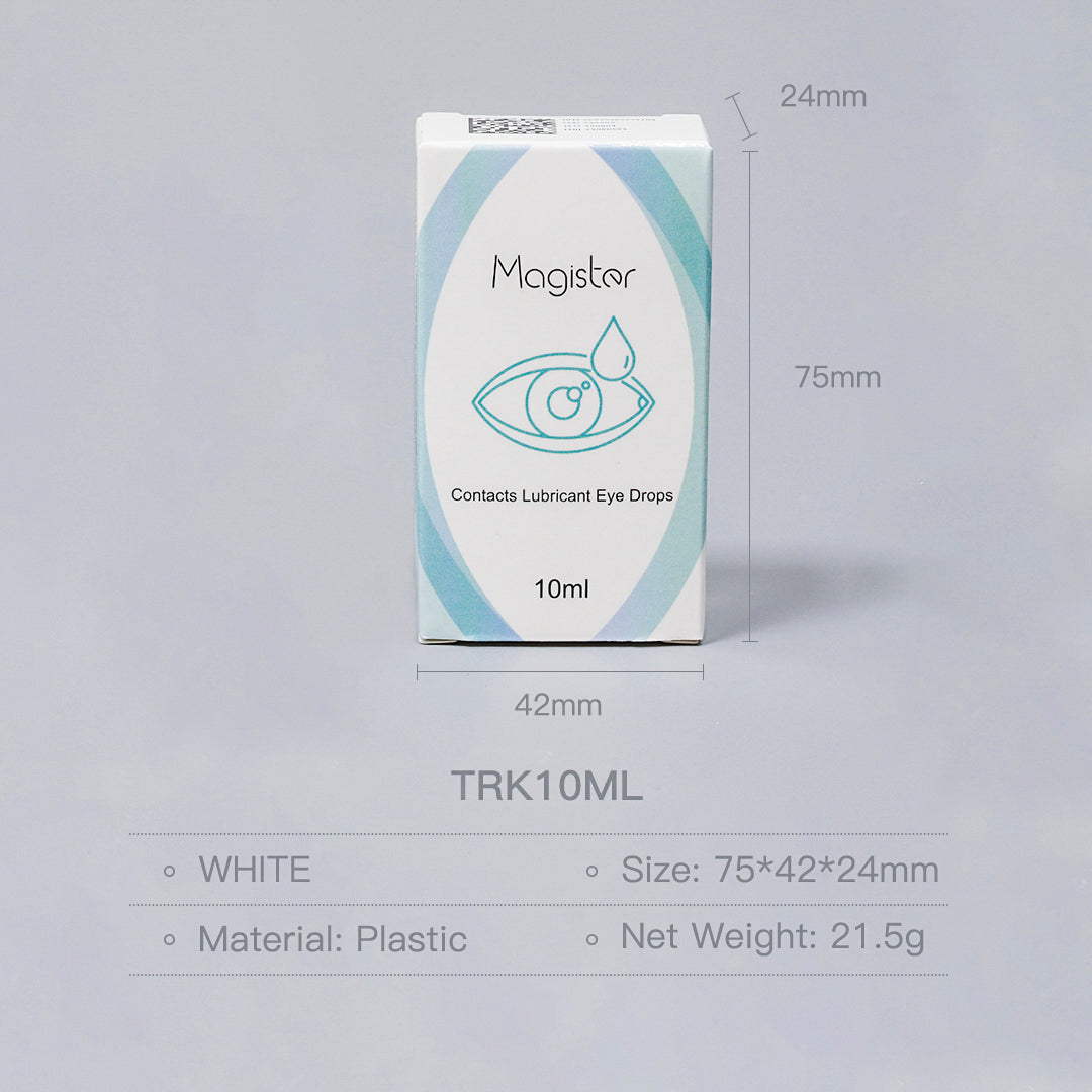 10ML eye drops are placed on a gray plane, showing the outer box size of 10ML eye drops and describing them with text