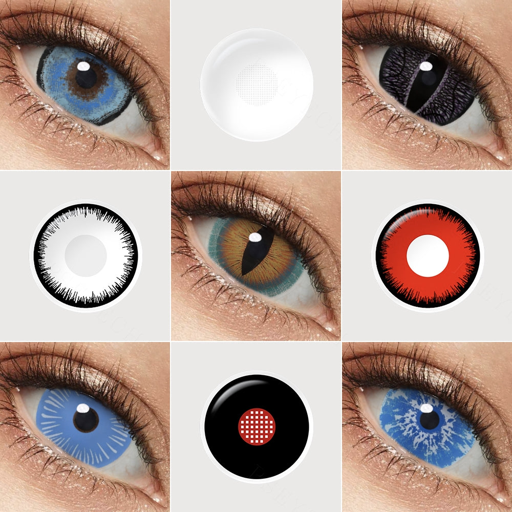 Variety of 17mm costume contacts colors displayed on a model's eyes, showcasing shades