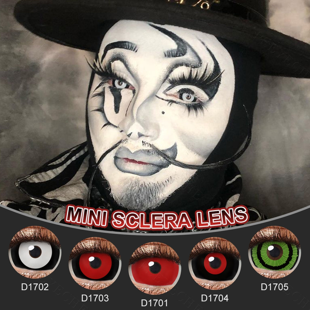 A young man showcasing 17mm sclera black contact lenses, with close-up insets highlighting the fashion and enhanced eye colors available.