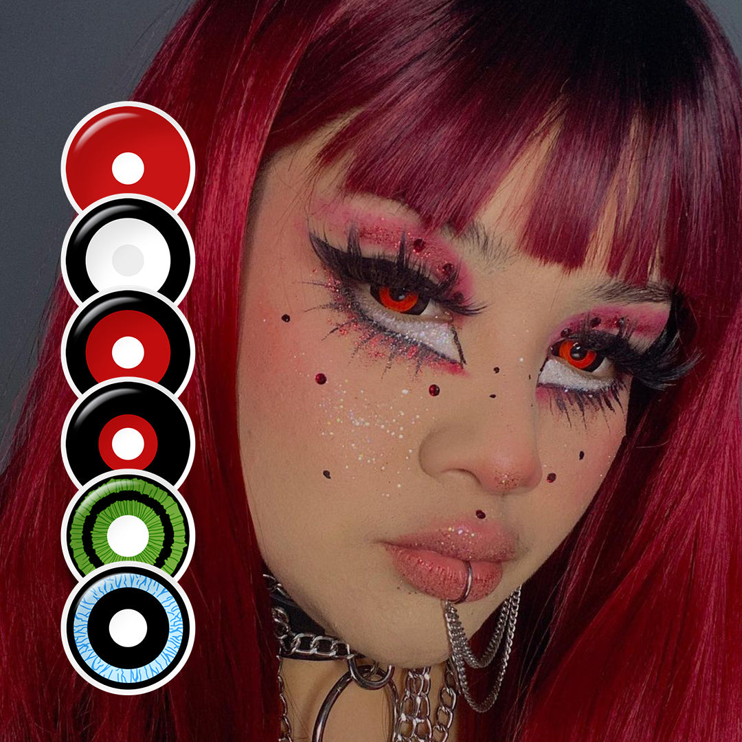 A young lady showcasing 17mm sclera black contact lenses, with close-up insets highlighting the fashion and enhanced eye colors available.