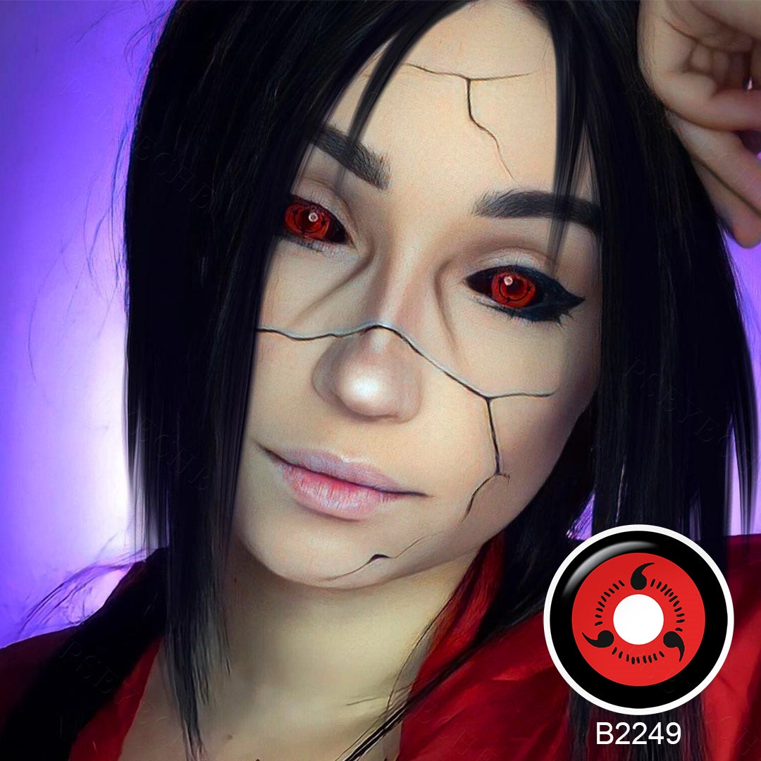 A display of Anime colored contact lenses , shown both as a lens swatch and wearing comparison in a close-up of a model's eye , with the color names labeled beneath each image.