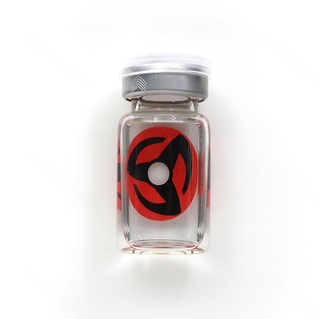 1 pc lenses in bottel of Anime contact lenses on a white surface, showing the details of the lens pattern