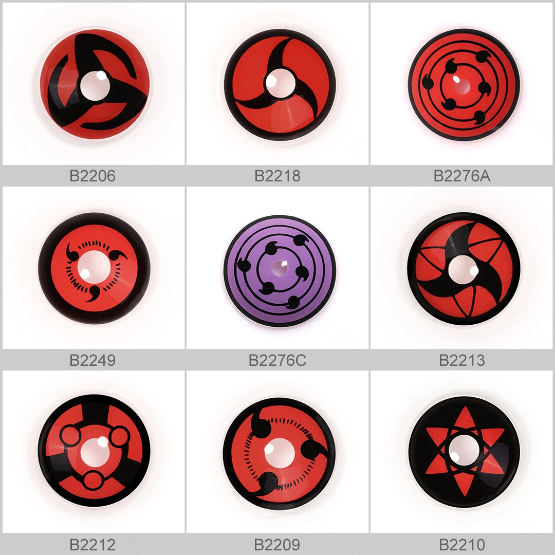 Array of Anime contact lenses in a white case, showcasing 9 colors. Each lens is labeled with its color name beneath the case.