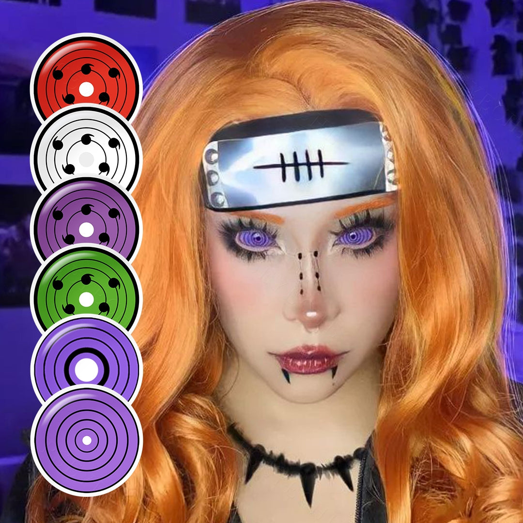 A brown-eyes Coser showcasing Anime natural colored contact lenses, display the eyes effect of 6 colors with close-up insets highlighting the natural and enhanced eye colors available.