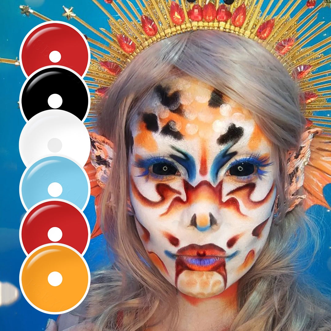 A young cosplayer showcasing 22mm sclera costume contacts  with 6 Variants, one black with white variant with close-up insets highlighting on the wearer's eye color.