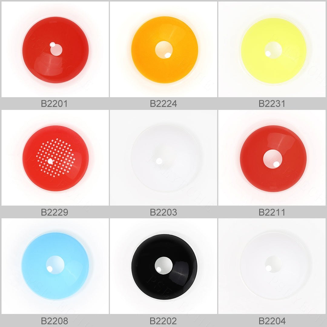 Variety of 22mm costume contacts  colors displayed on real  showcasing shades all black,all white , red,blue,organge ,red mesh with each color's name indicated below the respective image.