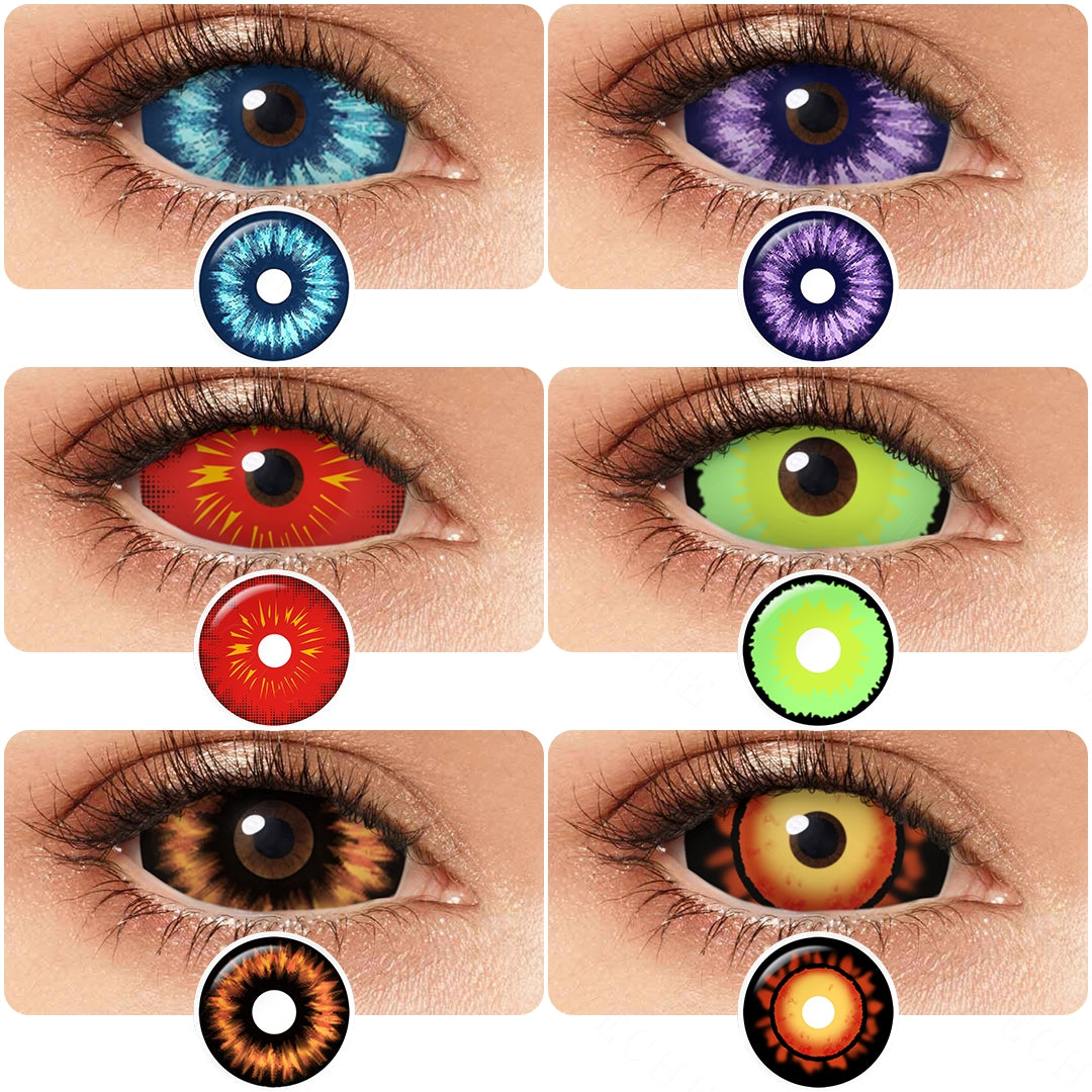 Variety of 22mm costume contacts colors displayed on a model's eyes, showcasing shadescharming danger with each color's name indicated below the respective image.