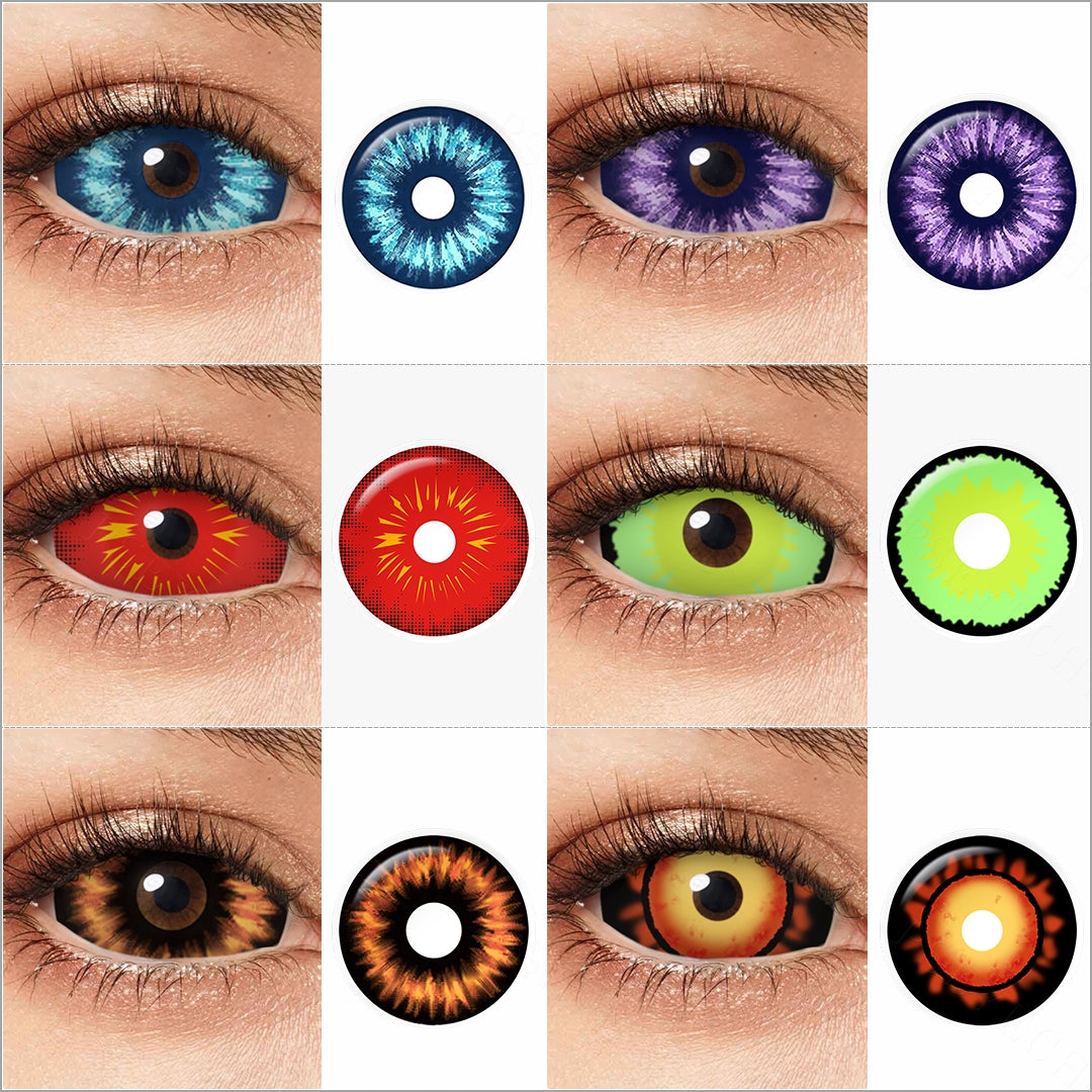 Variety of 22mm costume contacts colors displayed on a model's eyes, showcasing shadescharming danger with each color's name indicated below the respective image.