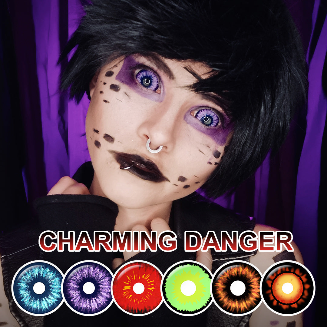 Variety of 22mm costume contacts colors displayed on a model's eyes, showcasing shadescharming danger with each color's name indicated below the respective image.