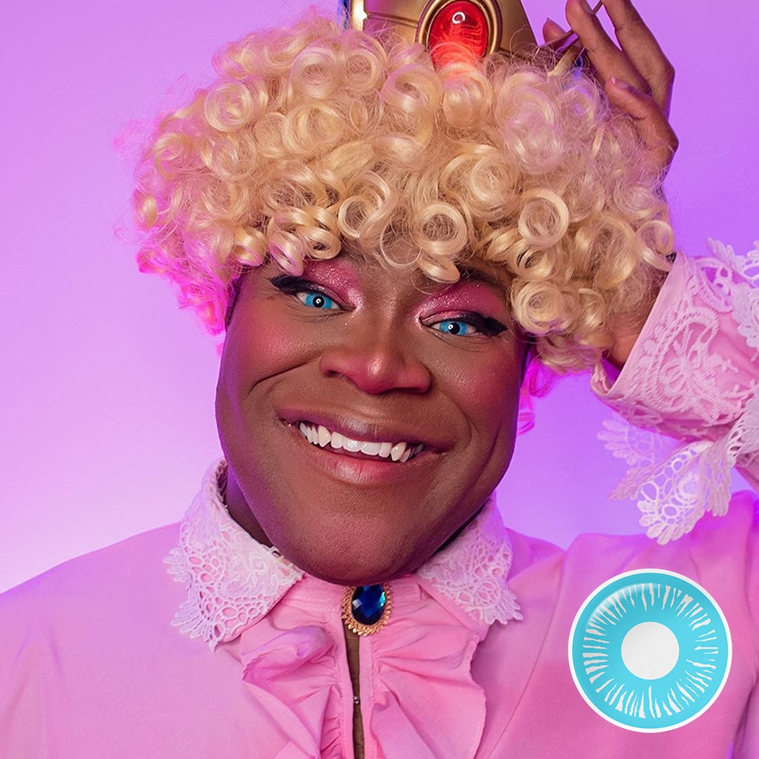 Grid display of 1 shade of Animate Costume Contacts , which is RY289 ,with a close-up view of the lens pattern and the effect on a brown-eyed model