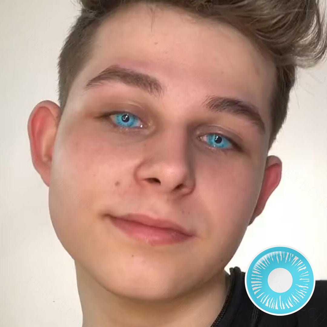 Grid display of 1 shade of Animate Costume Contacts , which is RY289 ,with a close-up view of the lens pattern and the effect on a brown-eyed model