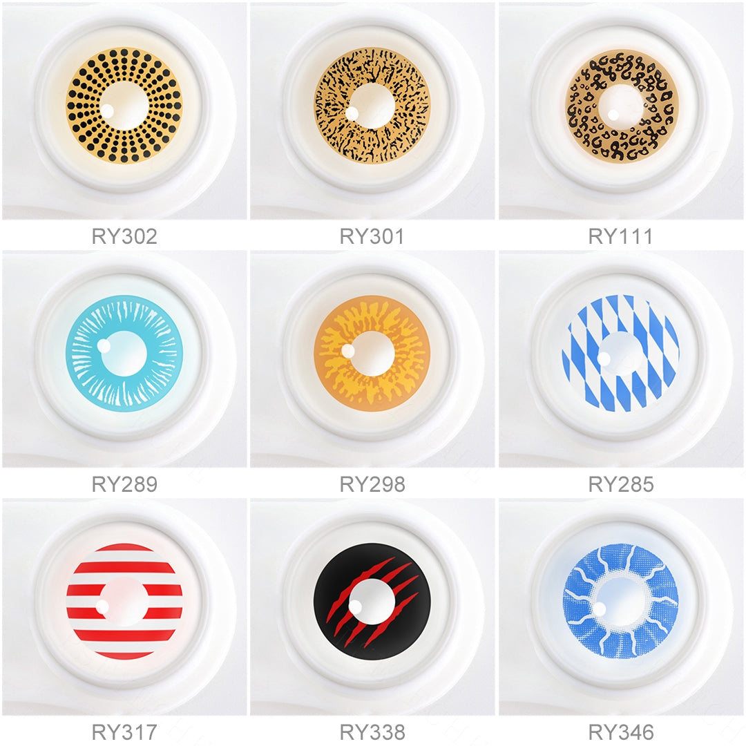 Array of Animate Costume Contacts  in a white case, showcasing 9  colors. Each lens is labeled with its color name beneath the case.