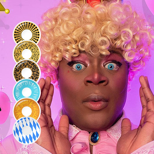 A brown-eyes model showcasing Animate Costume Contacts , display the eyes effect with close-up insets highlighting the natural and enhanced eye colors available.