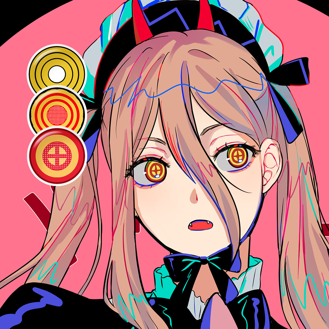 A Anime figure showcasing Anime Costume Contacts with 3 Variants, one black with white variant with close-up insets highlighting on the wearer's eye color.