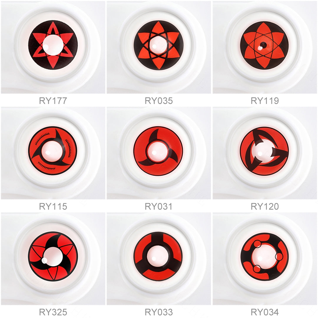 Array of Anime Sharingan Costume Contacts in a white case, showcasing 9 different colors. Each lens is labeled with its color number beneath the case.