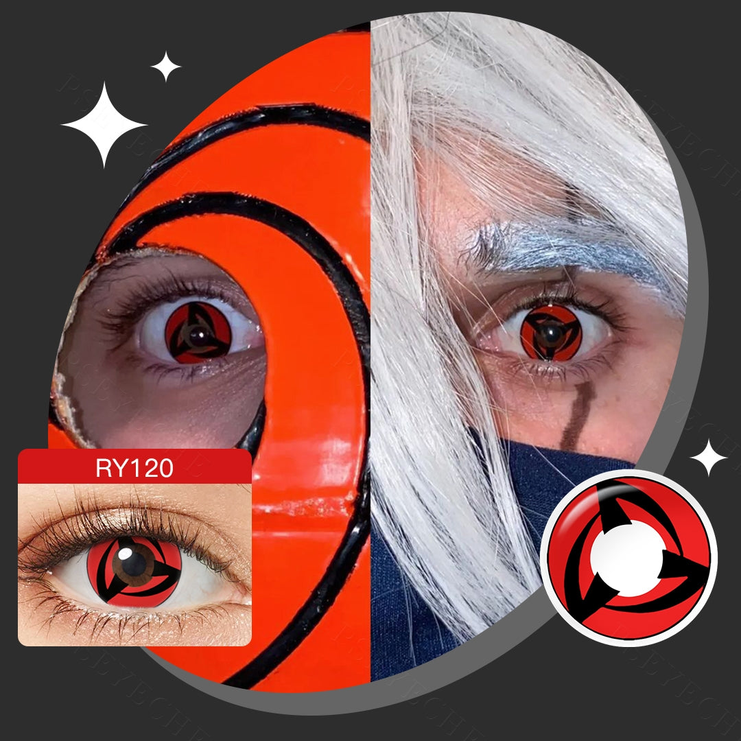 A young lady showcasing Anime Sharingan Costume Contacts, with close-up insets highlighting the effect and change eye colors available.