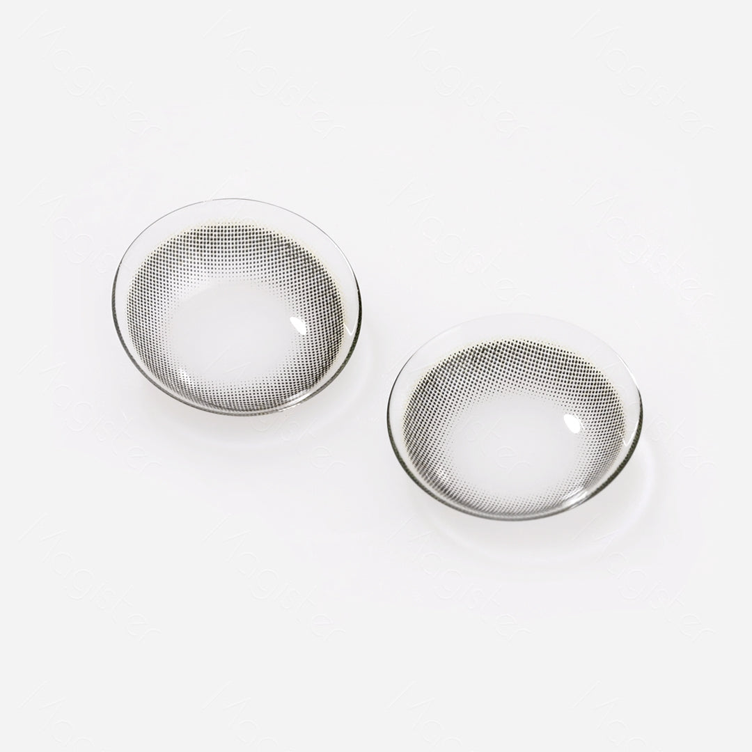 2 pcs lenses of BLACK contact lenses on a white surface, showing the details of the lens from the front and back