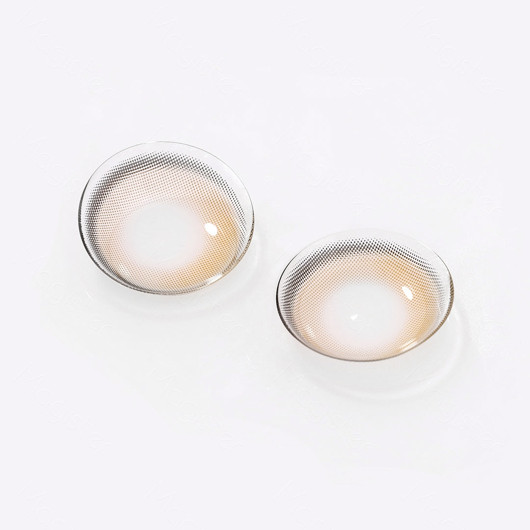 2 pcs lenses of HALO BROWN contact lenses on a white surface, showing the details of the lens pattern from the front and back