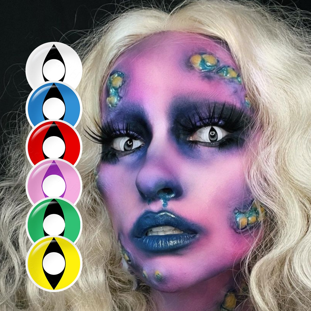 A young cosplayer showcasing eye cat halloween contact  with 6 Variants, one black with white variant with close-up insets highlighting on the wearer's eye color.