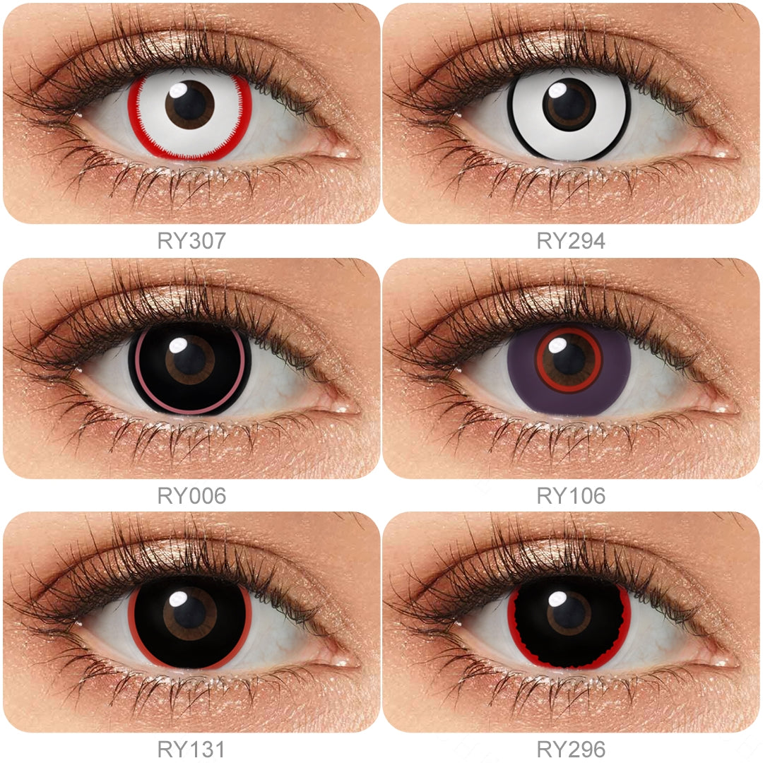 Grid display of 6 shades of Cosplay Circle Costume Contacts, showing a variety of shades, each paired with a close-up view of the lens pattern