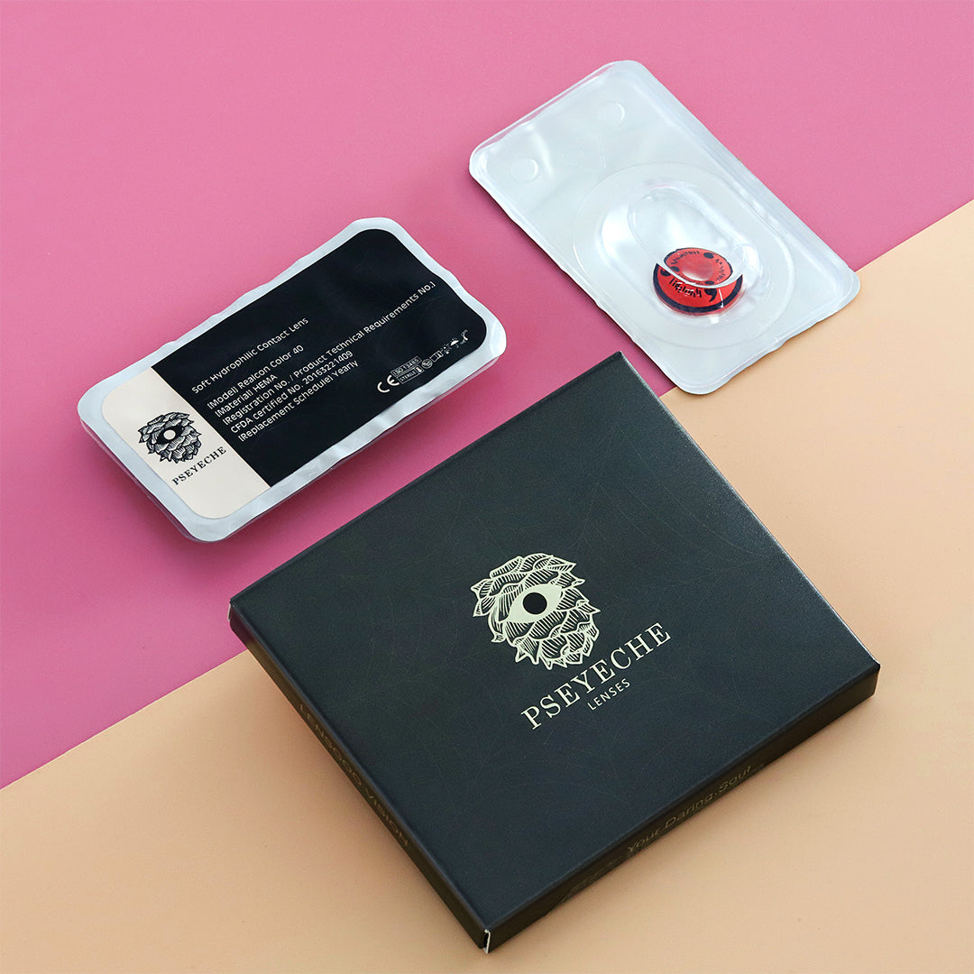 Package display of Pseyeche cosplay contact lenses,each box including 2 pieces of lenses in blister.