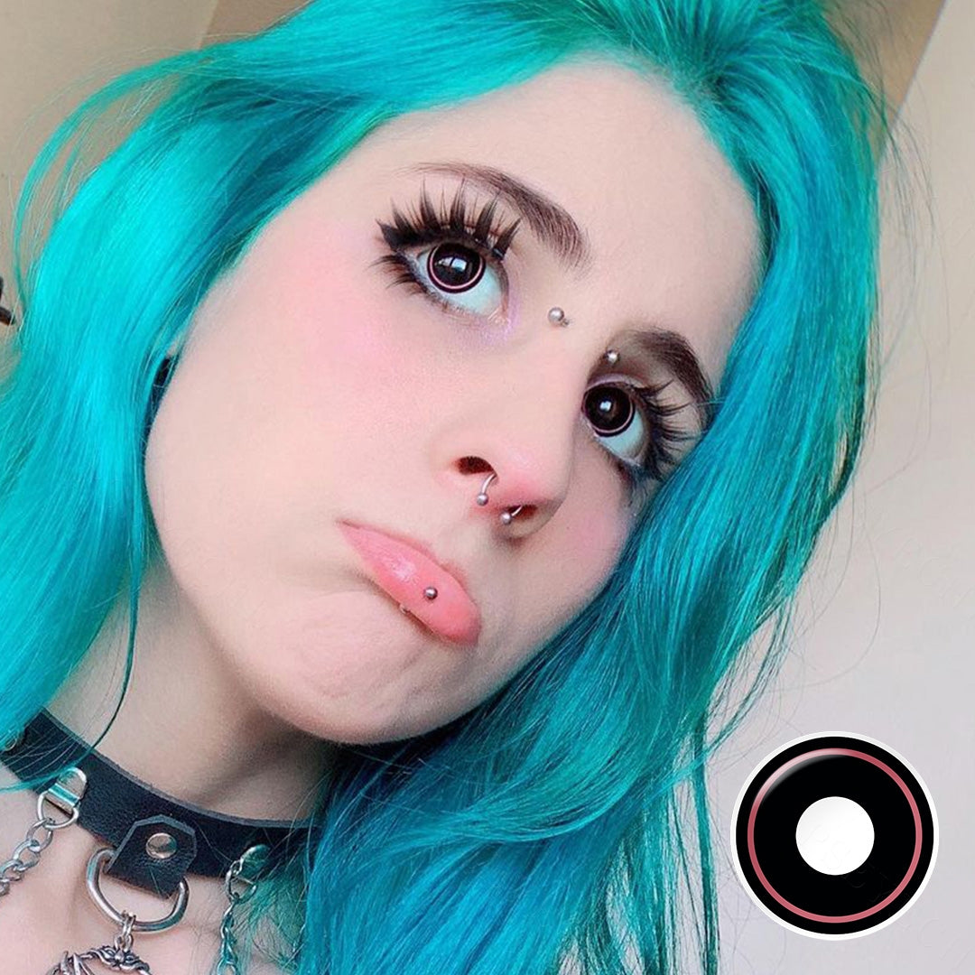 A lady showcasing Circle Costume Contacts, display the wearing effect of RY006/Pink Rim contact lenses.