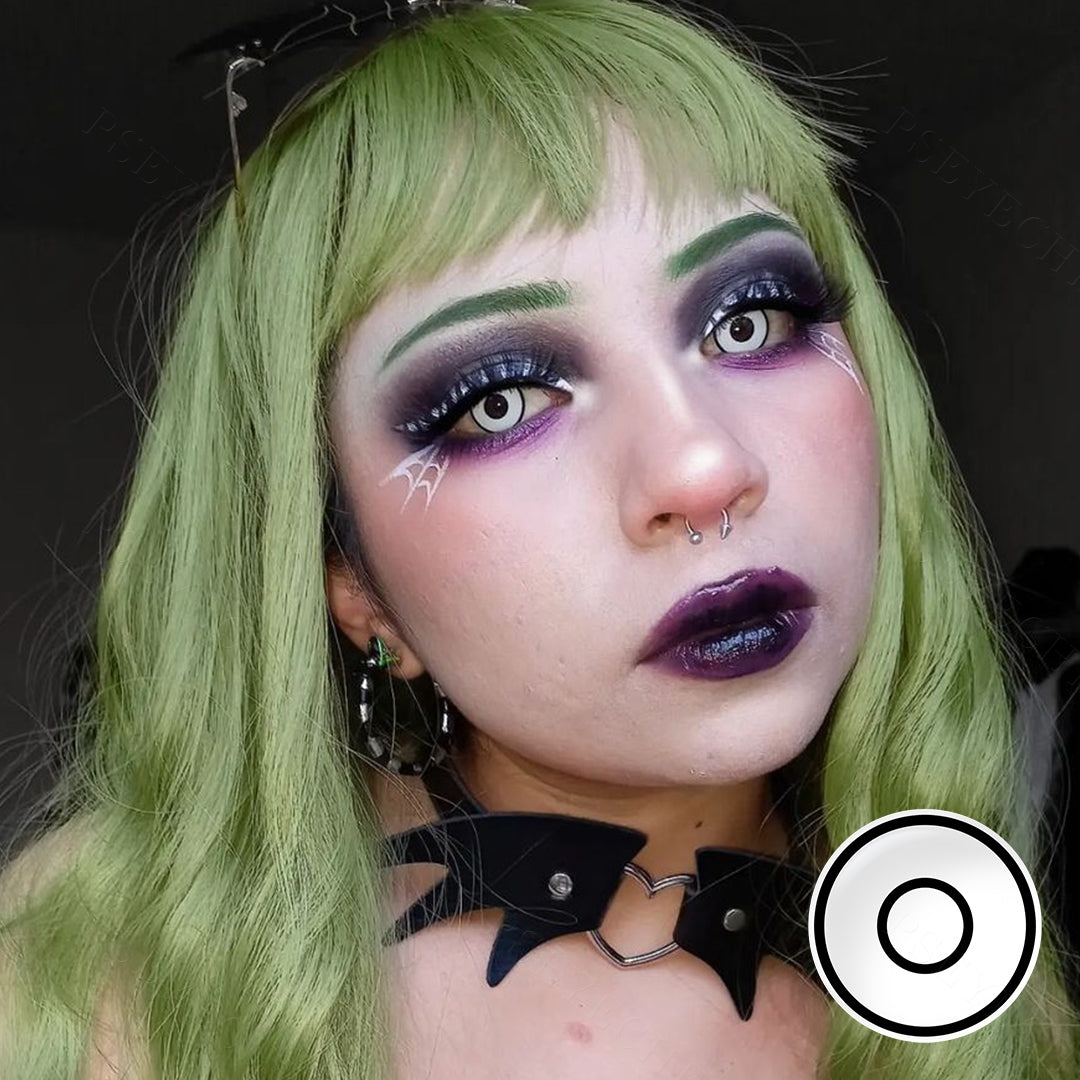 A lady showcasing Circle Costume Contacts, display the wearing effect of RY294/White Rim contact lenses.