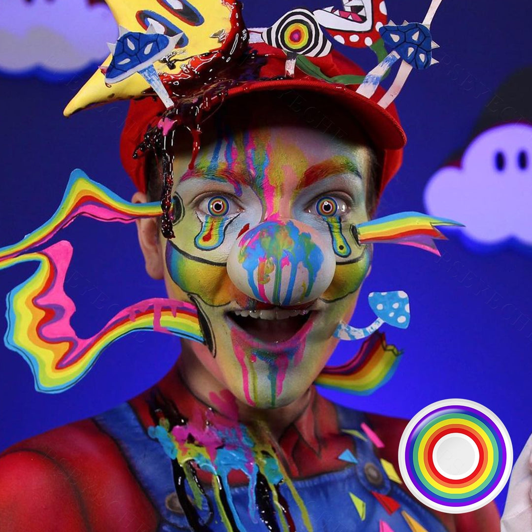 A cosplayer showcasing Circle Costume Contacts, display the wearing effect of RY324/Rainbow contact lenses.