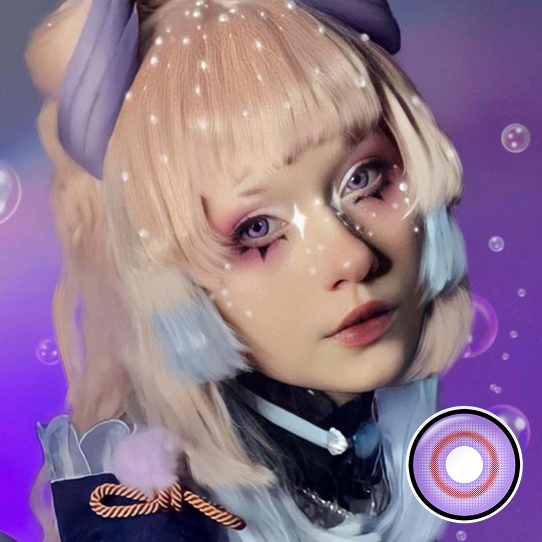 A lady showcasing Circle Costume Contacts, display the wearing effect of RY361/Shinobu Kocho Purple contact lenses.