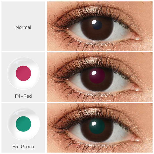 Grid display of Color Blind Lens, featuring 3 different shades. Each lens color is shown worn on a close-up of an eye, with the name of the shade displayed beneath it.
