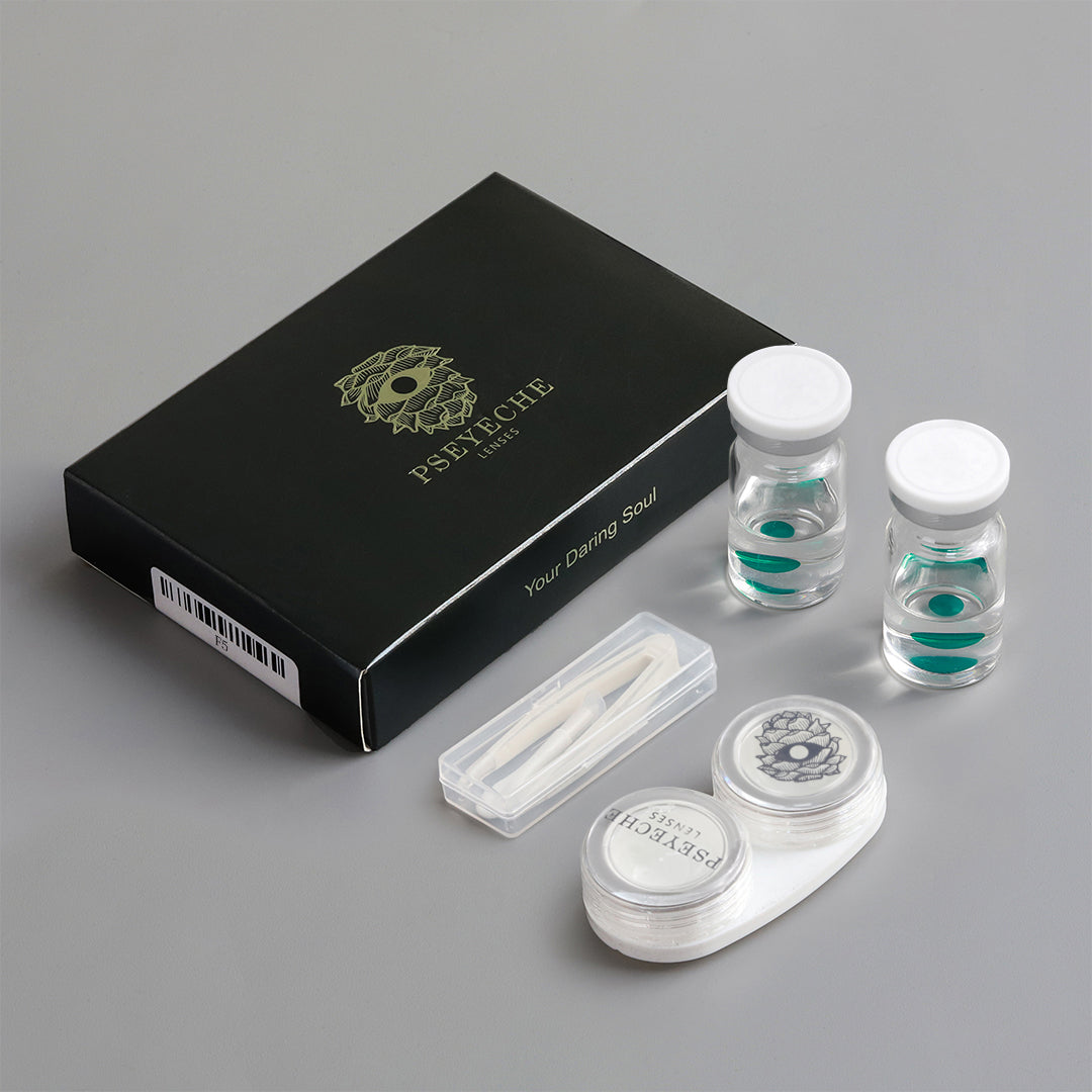 A display of Color Blind Lens Packaging, including: 2pcs lenses( each in a glass bottlel)+ 1 case +1 case+1 tweezer+1 stick+ 1 paper box.