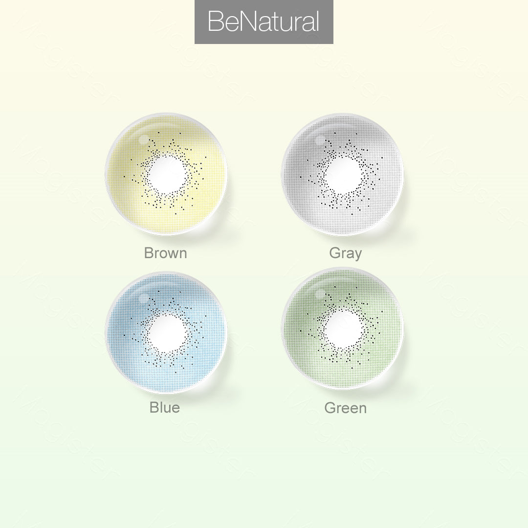 Grid layout of BeNatural colored contact lenses in various shades with each lens' color name:Brown,Gray,Blue,Green with close-up insets highlighting the natural and enhanced eye colors available., on a soft gradient background.