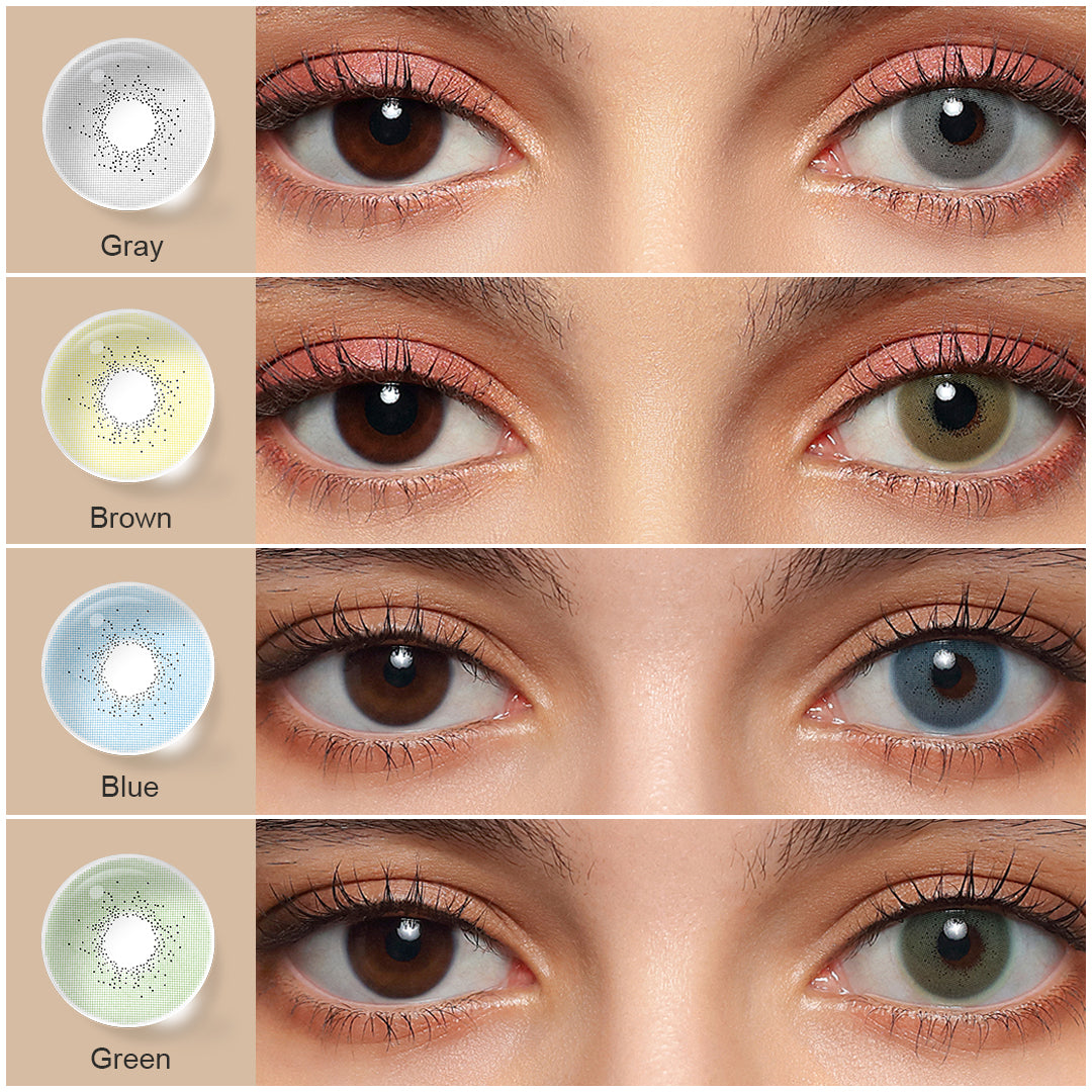 A display of BeNatural colored contact lenses in Brown,Gray,Blue,Green each shown both as a lens swatch and wearing comparison in a close-up of a model's eye , with the color names labeled beneath each image.
