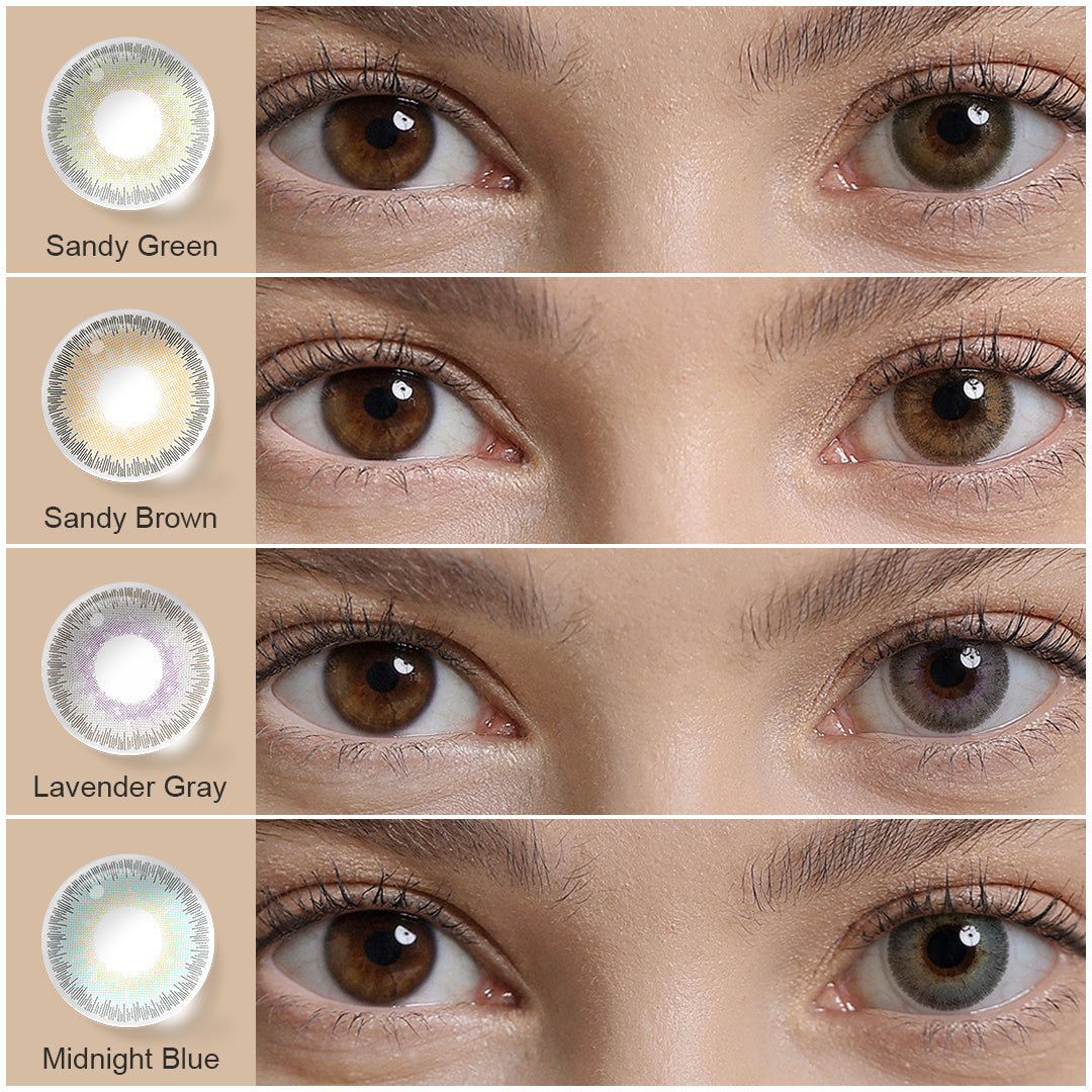 A display of ELITE colored contact lenses in Lavender Gray,Midnight Blue,Sandy Green,Sandy Gray,Sandy Brown, each shown both as a lens swatch and wearing comparison in a close-up of a model's eye , with the color names labeled beneath each image.