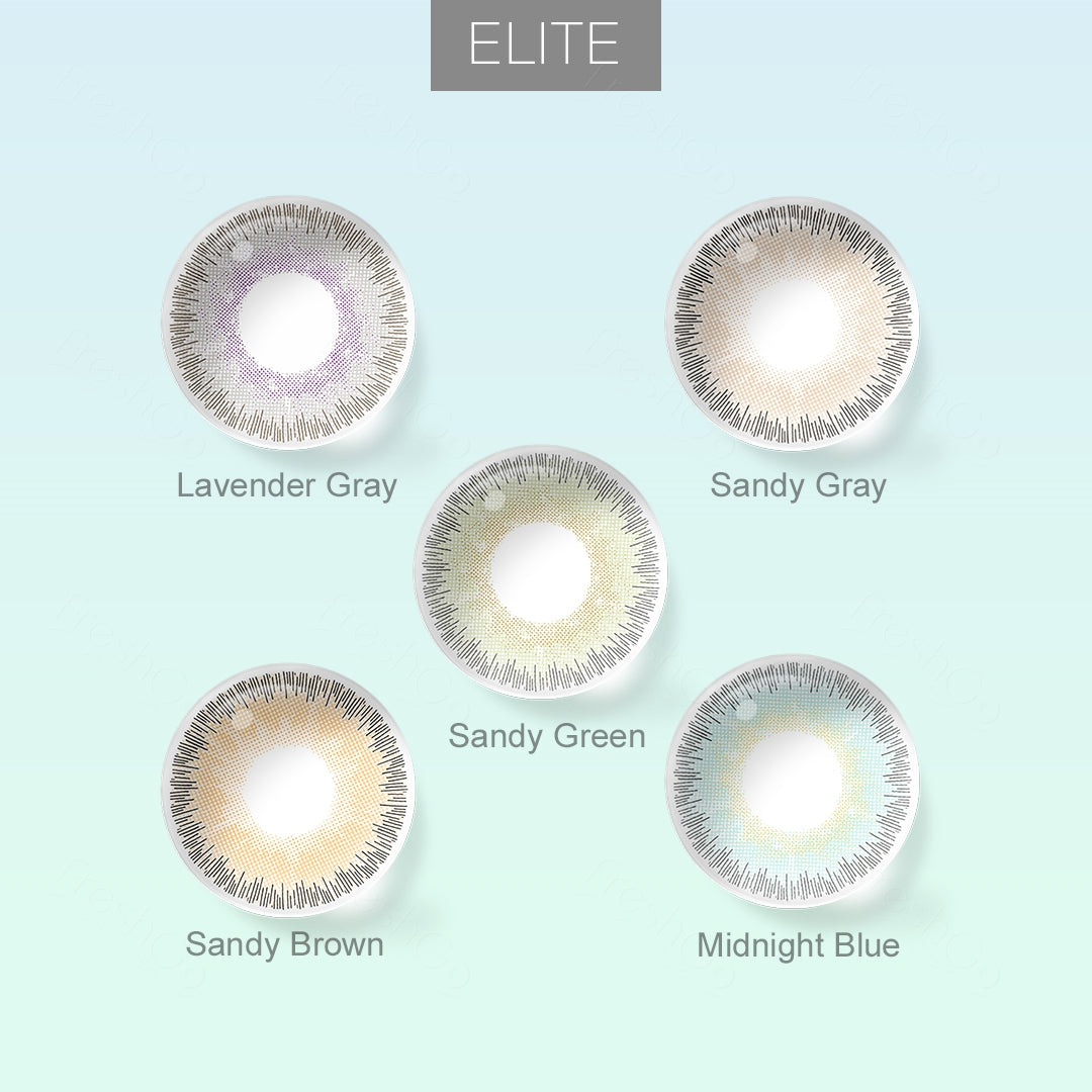 Grid layout of ELITE colored contact lenses in various shades with each lens' color name: Lavender Gray,Midnight Blue,Sandy Green,Sandy Gray,Sandy Brown with close-up insets highlighting the natural and enhanced eye colors available., on a soft gradient background.