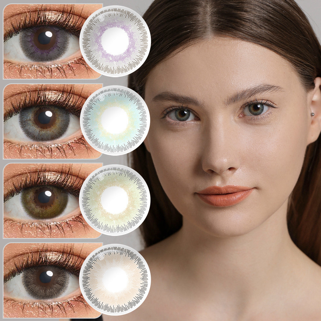 A brown-eyes model showcasing ELITE natural colored contact lenses, display the eyes effect of Lavender Gray,Midnight Blue,Sandy Green,Sandy Gray,Sandy Brown with close-up insets highlighting the natural and enhanced eye colors available.