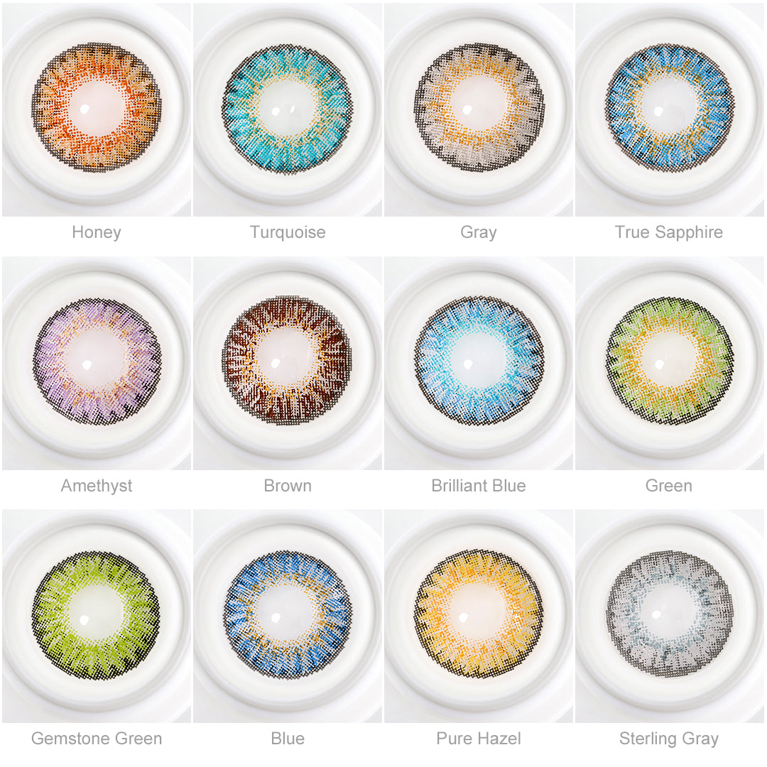Array of Star contact lenses in a white case, showcasing twelve colors:Honey,Pure Hazel,Gray,Amethyst,Green,Brown,Sterling Gray,Gemstone Green,Brilliant Blue,Turquoise,True Sapphire,Blue. Each lens is labeled with its color name beneath the case.