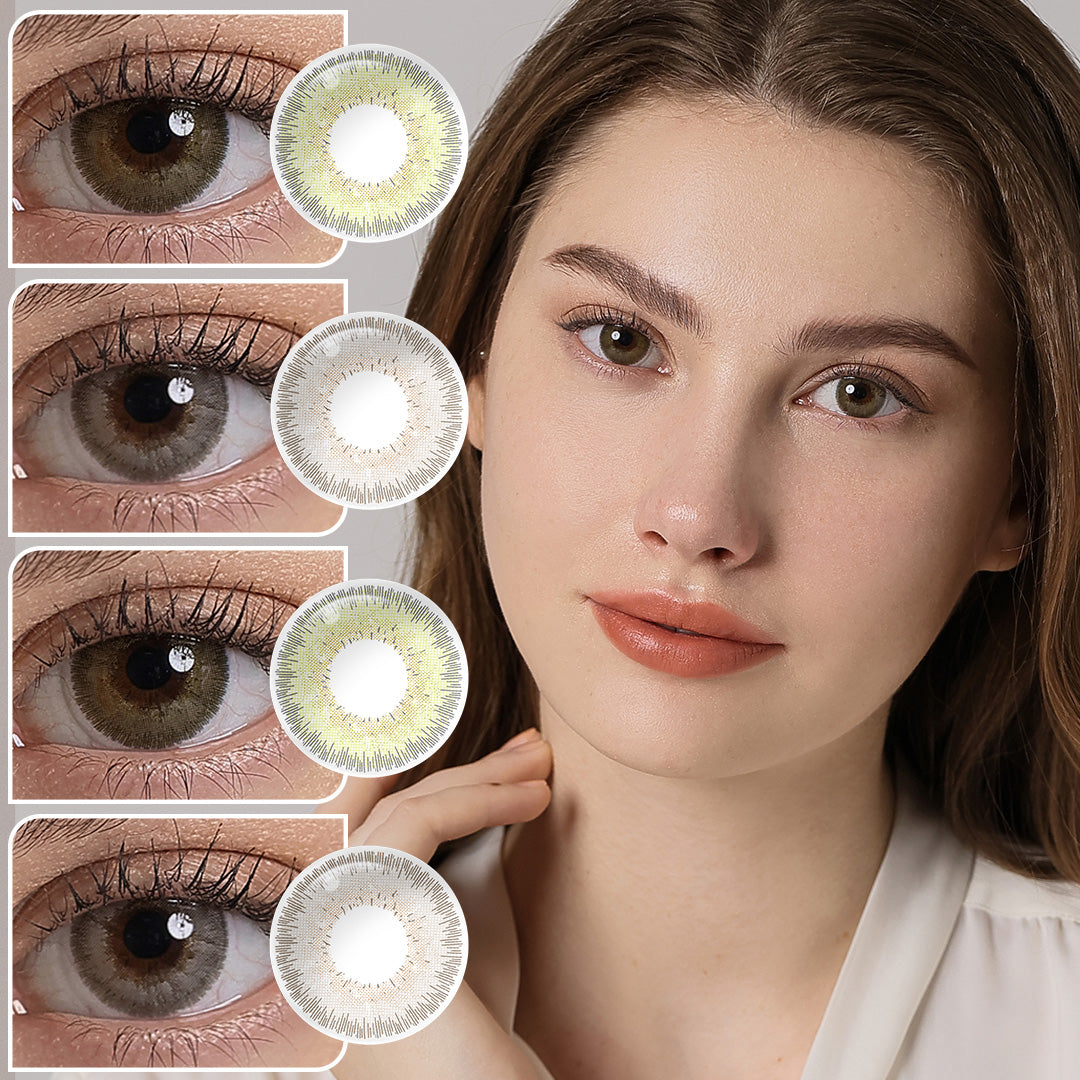 A young lady showcasing BELLALENS series colored contact lenses, with close-up insets highlighting the natural and enhanced eye colors available