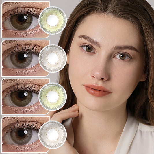 A young lady showcasing BELLALENS series colored contact lenses, with close-up insets highlighting the natural and enhanced eye colors available