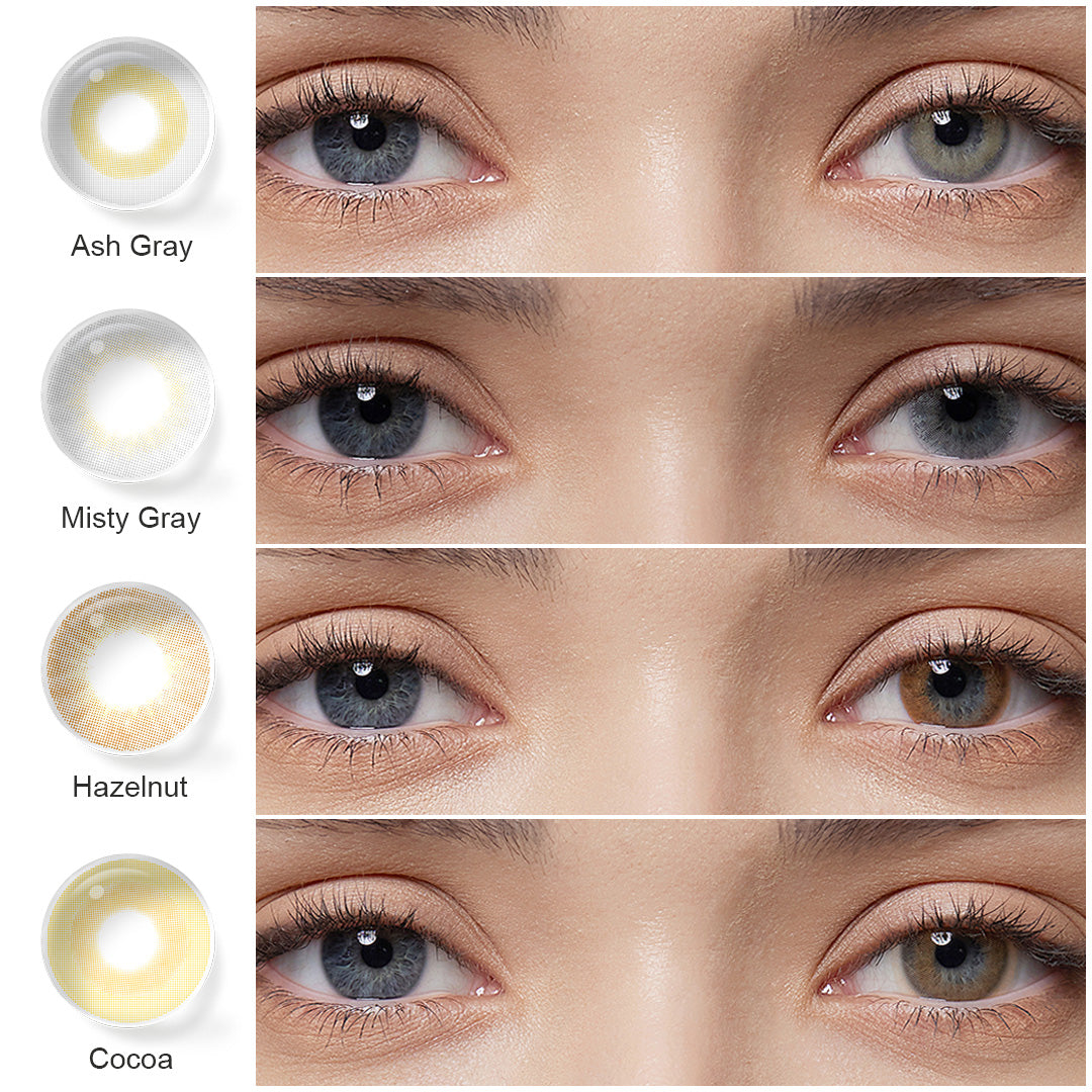 Selection of Barbie colored contact lenses presented in shades of   Misty Gray,Hazelnut, Cocoa Ash Gray, each displayed with an eye close-up showing the lens effect on the iris, and a swatch of the lens design next to the color name.