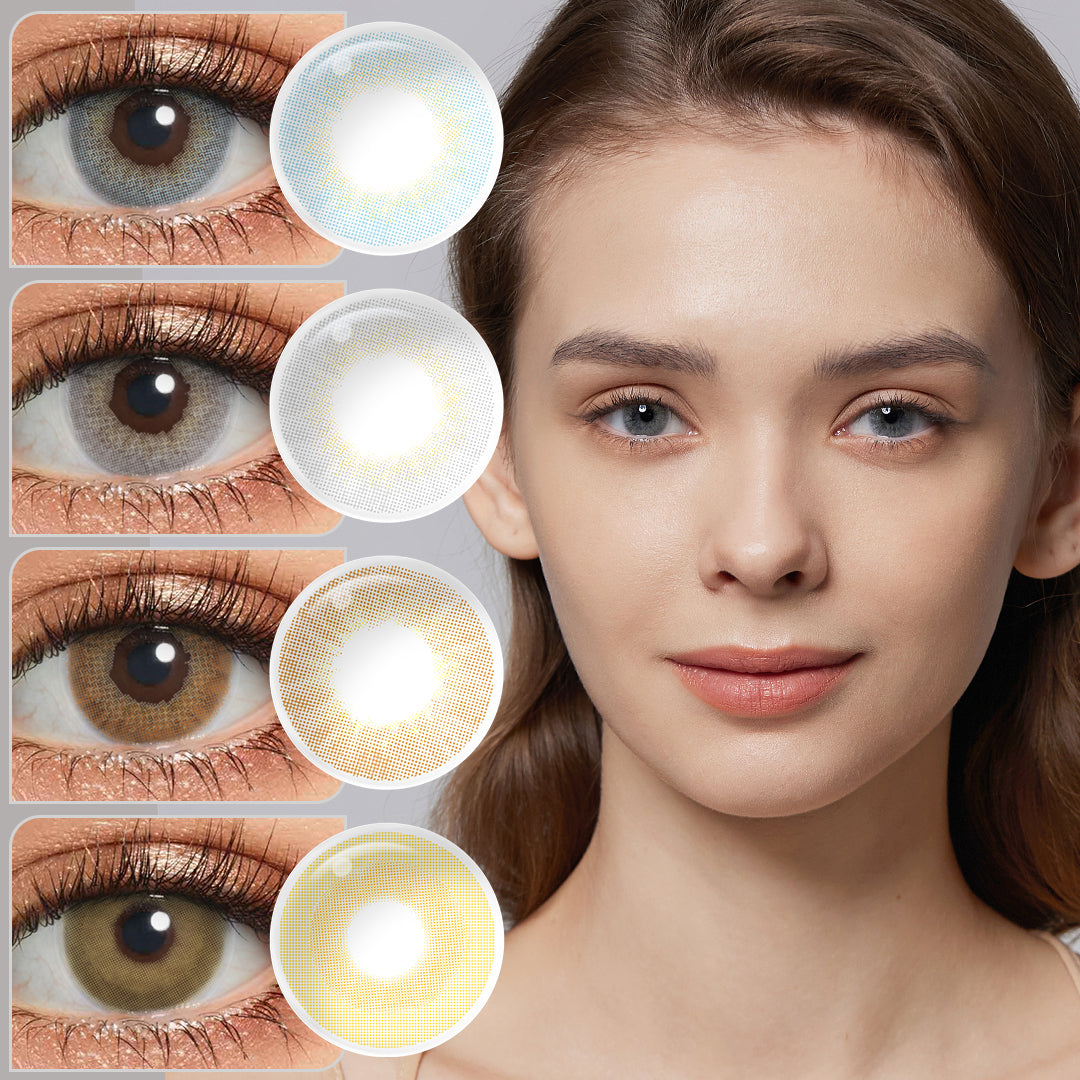 A young lady showcasing Barbie colored contact lenses, with close-up insets highlighting the natural and enhanced eye colors available.