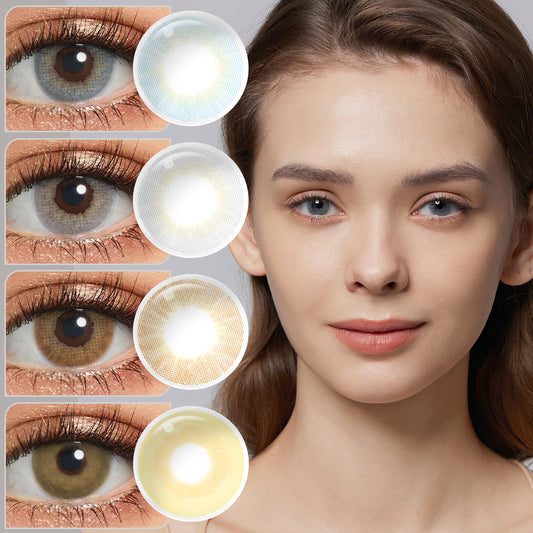 A young lady showcasing Barbie colored contact lenses, with close-up insets highlighting the natural and enhanced eye colors available.