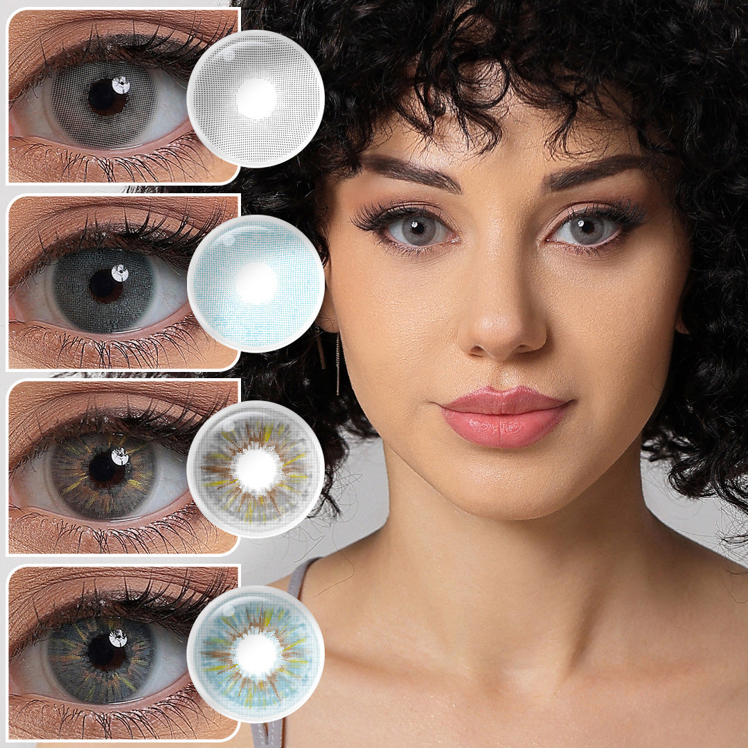 A young lady showcasing Broadway colored contact lenses, with close-up insets highlighting the natural and enhanced eye colors available