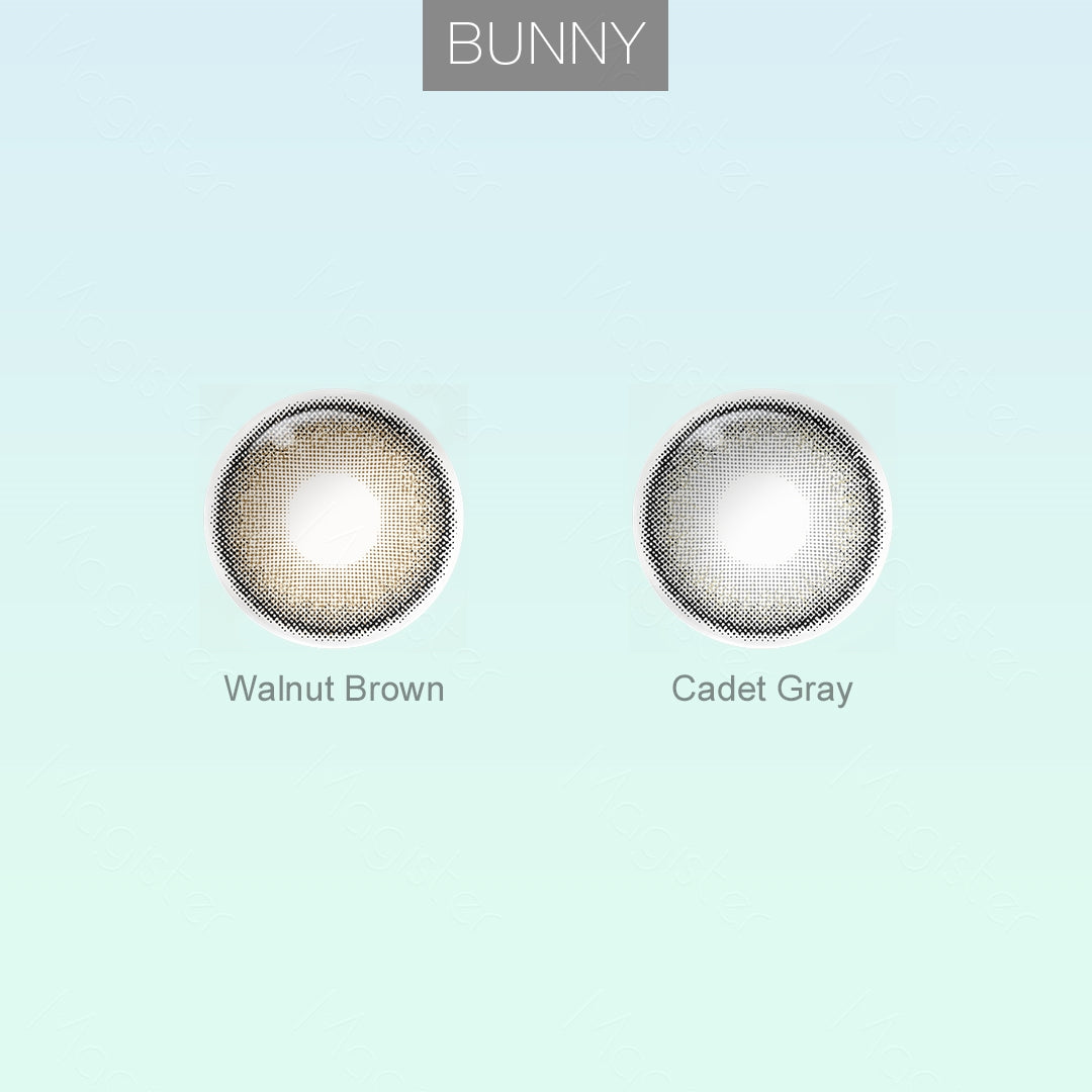 Grid layout of Bunny colored contact lenses in various shades with each lens' color name:Walnut brown, Cadet Gray  on a soft gradient background.