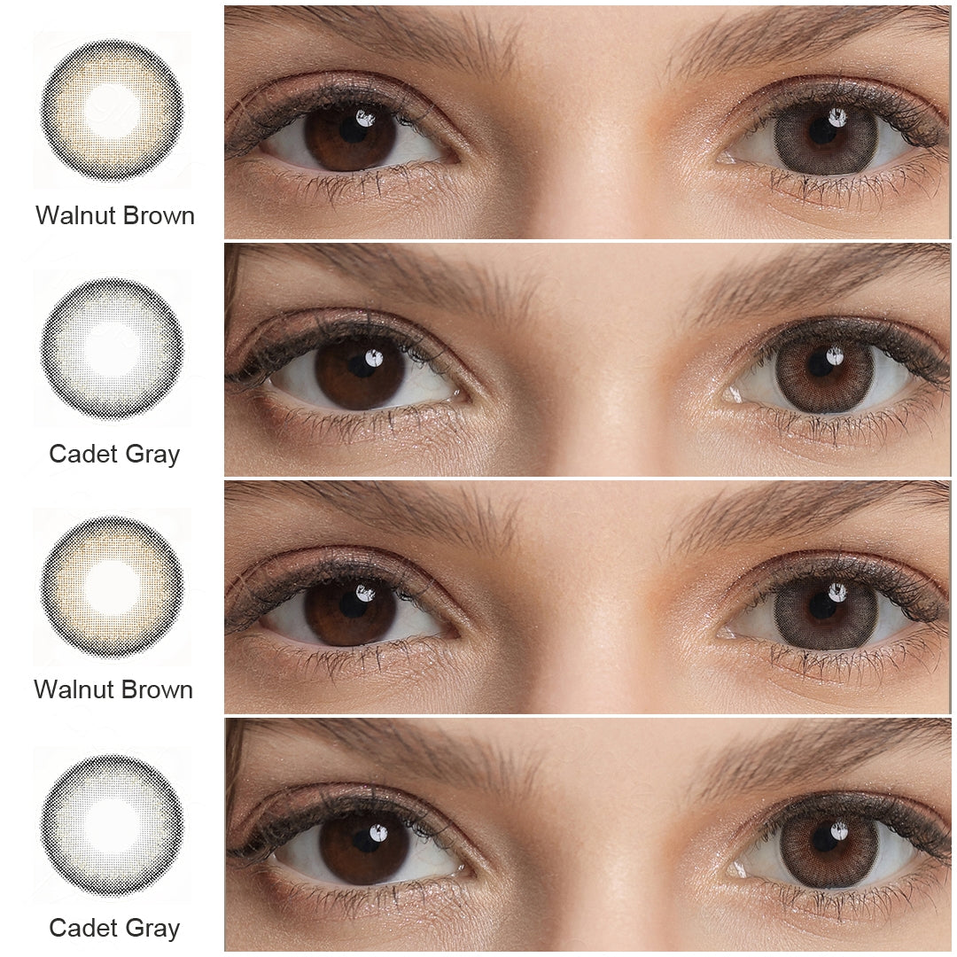 Grid display of 2 shades of Bunny colored contacts, showing a variety of shades including Walnut Brown, Cadet Gray,each paired with a close-up view of the lens pattern and the effect on a brown-eyed model.
