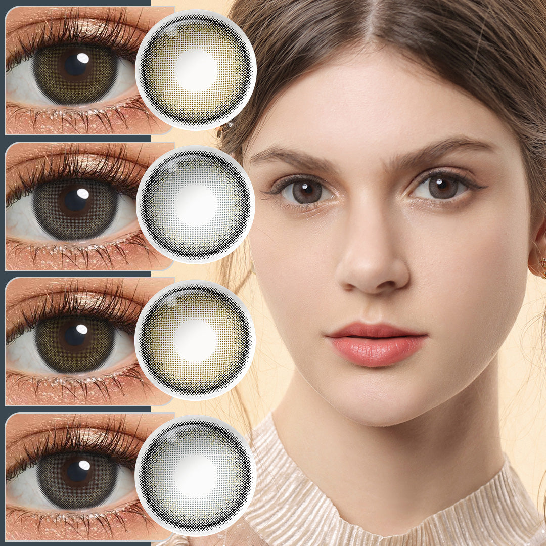A young lady showcasing Bunny colored contact lenses, with close-up insets highlighting the natural and enhanced eye colors available.