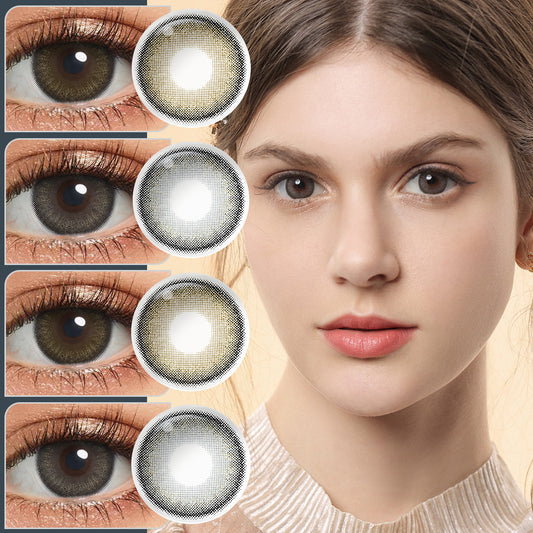 A young lady showcasing Bunny colored contact lenses, with close-up insets highlighting the natural and enhanced eye colors available.