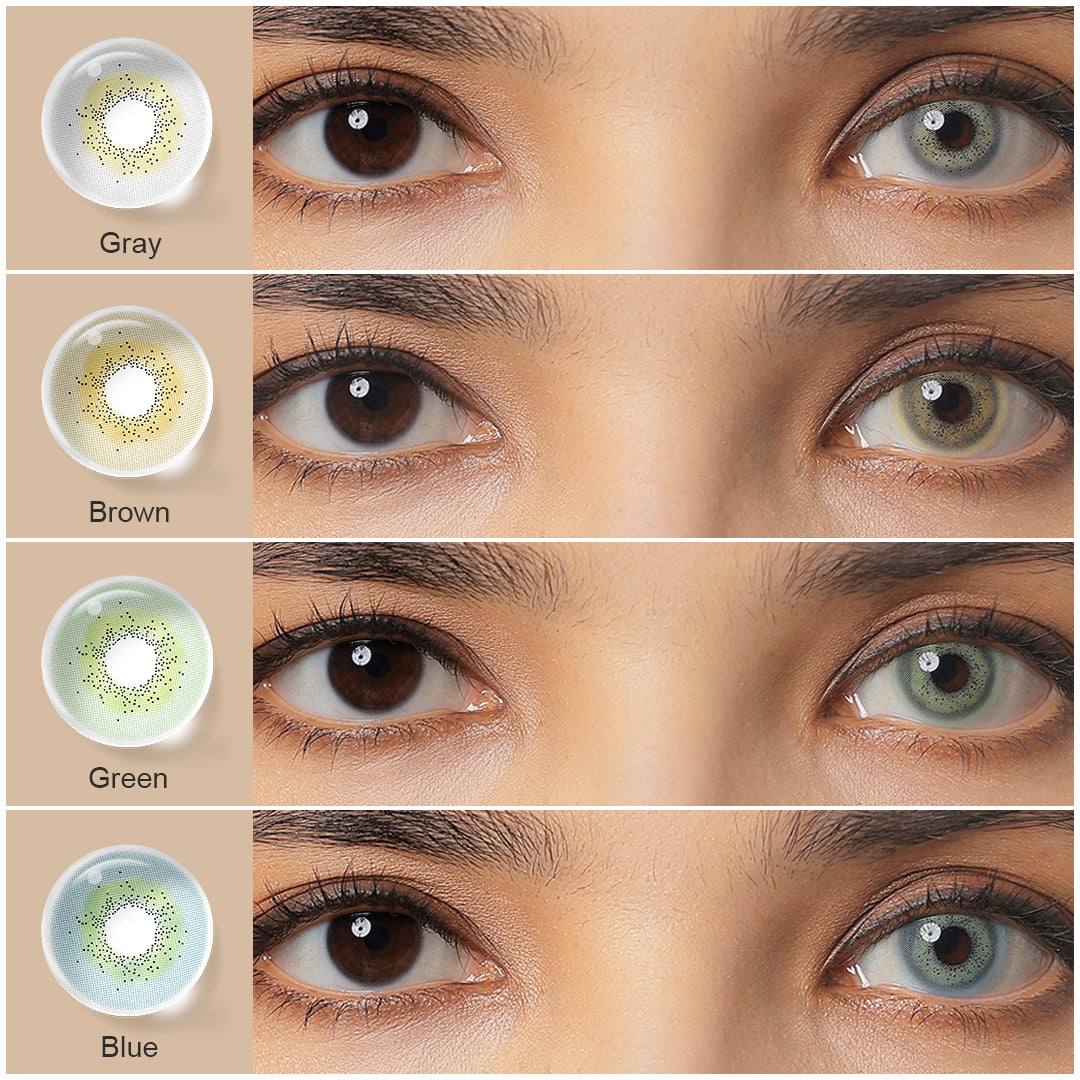 A display of Celine colored contacts in Brown,Gray, Blue, Green, each shown both as a lens swatch and wearing comparison in a close-up of a model's eye , with the color names labeled beneath each image.