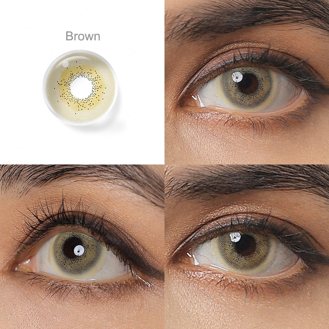 Showcase of one Celine colored contacts in natural eye settings, labeled Brown, demonstrating the transformative effect from 3 sides on the wearer's eye color.