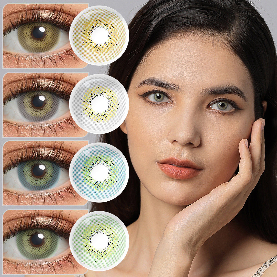 A young lady showcasing Celine colored contacts, with close-up insets highlighting the natural and enhanced eye colors available.